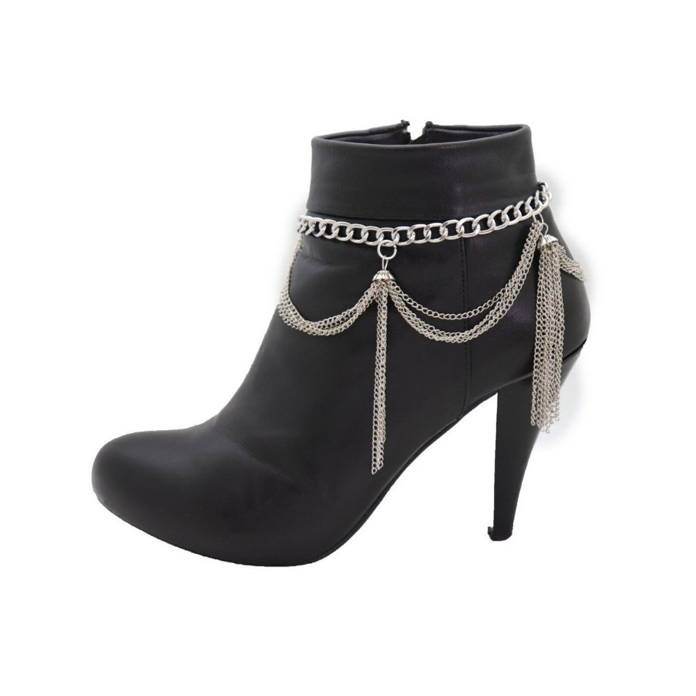 Women Silver Metal Chain Boot Bracelet Miami Beach Shoe Tassel Fringe Charms - Picture 5 of 12